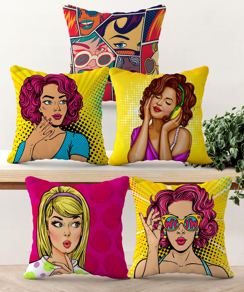 HOOPY Canvas Set of 5 Designer Decorative Throw Pillow/Cushion Covers (16 inch x 16 inch, Girly Print), Multicolor - Image 1