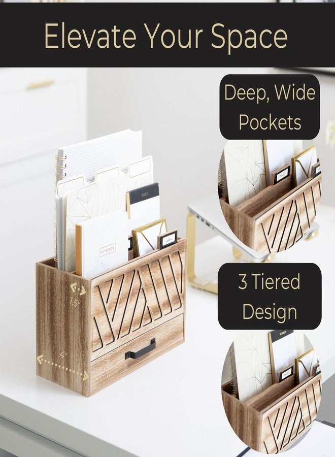 Blu Monaco Three-Tier Natural Wood Desktop Mail Organizer for Home with Black Label Holders and Drawer with Black Handle - Countertop Mail Basket Letter Holder - Office Workspace Organization by Blu Monaco - Image 3