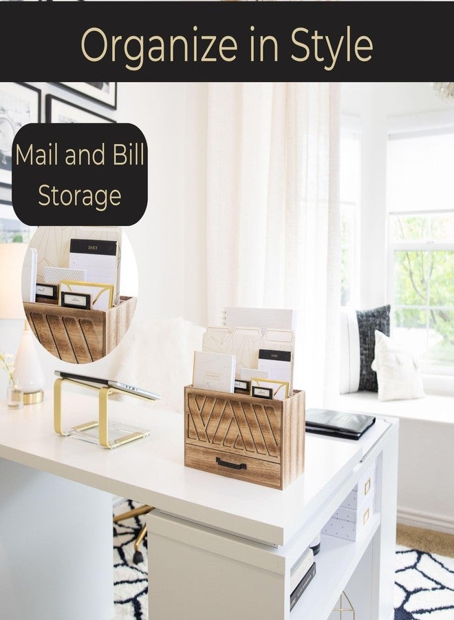 Blu Monaco Three-Tier Natural Wood Desktop Mail Organizer for Home with Black Label Holders and Drawer with Black Handle - Countertop Mail Basket Letter Holder - Office Workspace Organization by Blu Monaco - Image 2