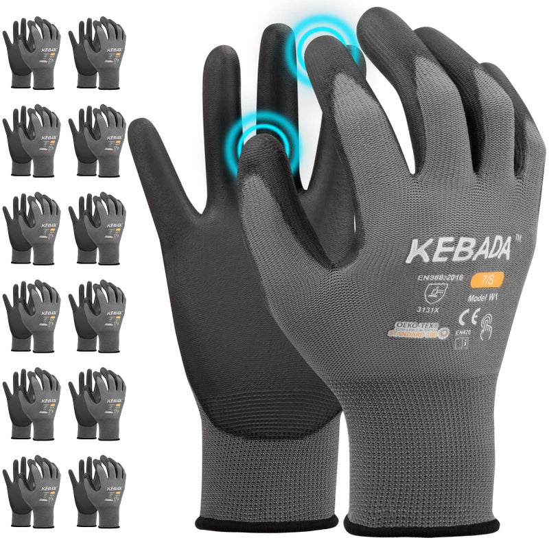 Kebada W1 Work Gloves for Men and Women PU Coated Safety Gloves with Grip Touchscreen Ideal for Warehouse Package Handling Construction Gardening 12 Pairs Gray Medium