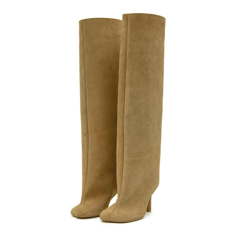 Wnshonzy Suede Knee High Boots for Women Wide Calf Square Toe Tall Brown Stiletto Kitten High Heels Thigh Long Soft Fall Boot Pull on Fashion Casual Cute Y2K Nude - Image 1