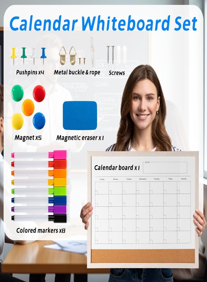 Cazeyoo Whiteboard Calendar Whiteboard, 17" x 13" Magnetic Whiteboard Cork Board Combo, 8 Reusable Monthly Planner Markers with Eraser, Magnet, Push Pins Hanging Whiteboard for Home and School - White - Image 2