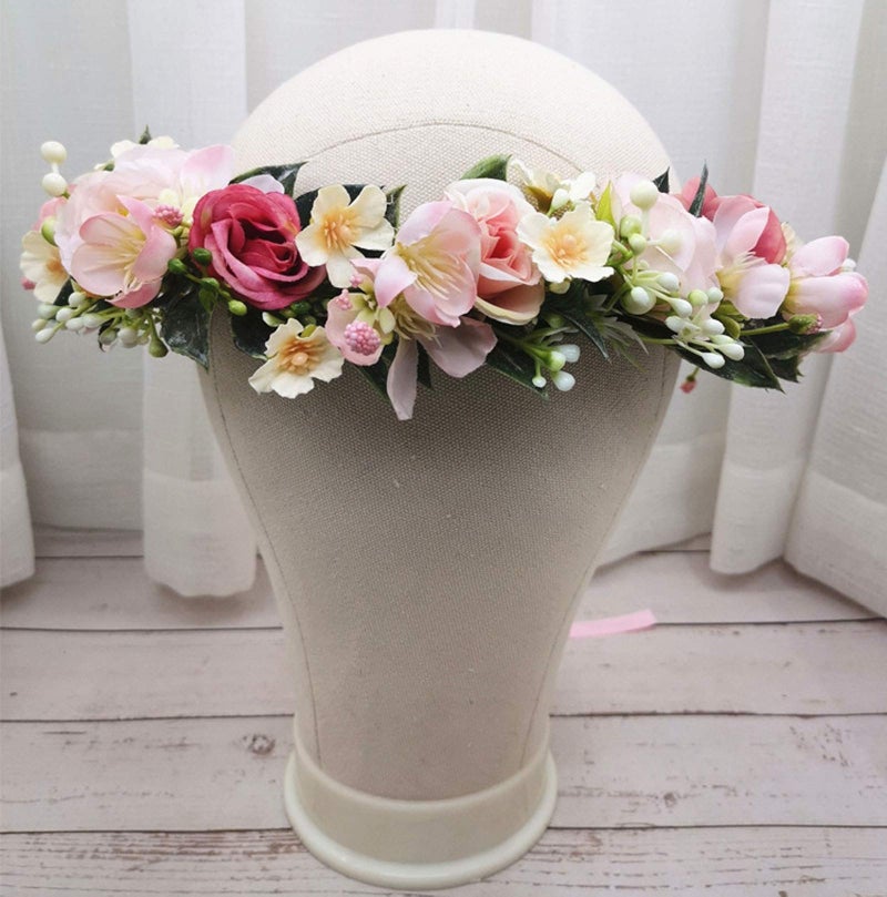 Vividsun Flower Crown Floral Wreath Headband Floral Crown Wedding Festivals Photo Props Headpiece (pink) - Image 4