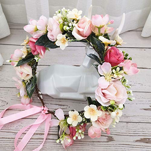 Vividsun Flower Crown Floral Wreath Headband Floral Crown Wedding Festivals Photo Props Headpiece (pink) - Image 3