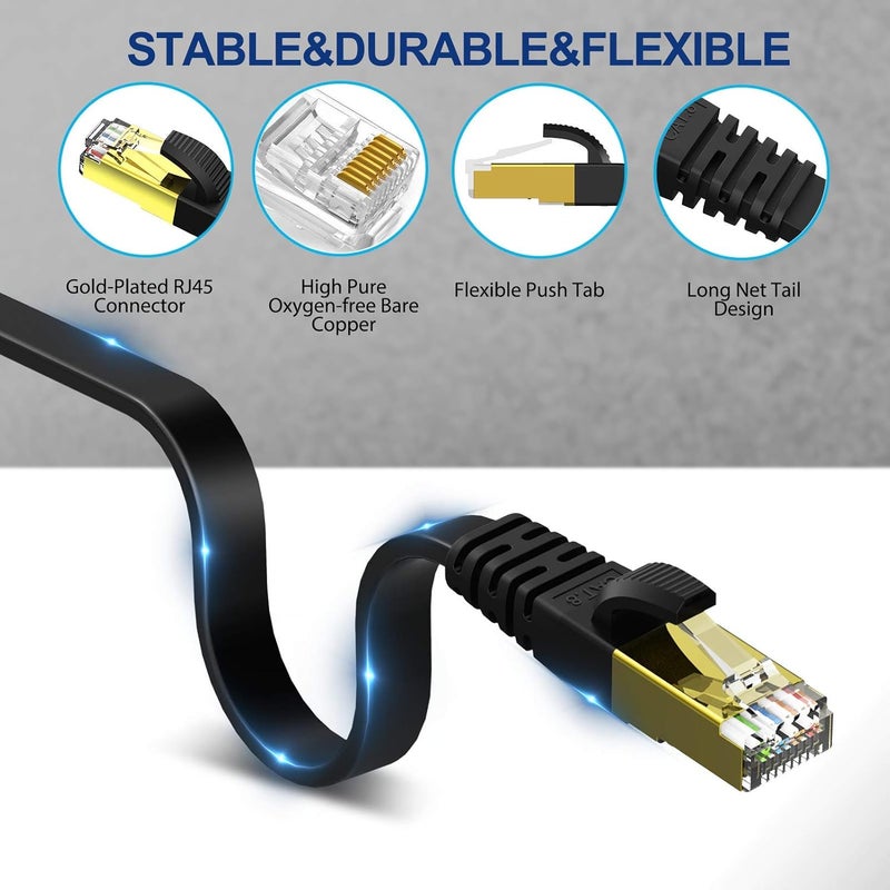 KASIMO Cat 8 Flat Ethernet Cable 40 ft, Cat8 High Speed Flat Internet Network LAN Cable 40Gbps 2000MHz SSTP Network Patch Cord with Gold Plated RJ45 Connector (40ft) - Image 4
