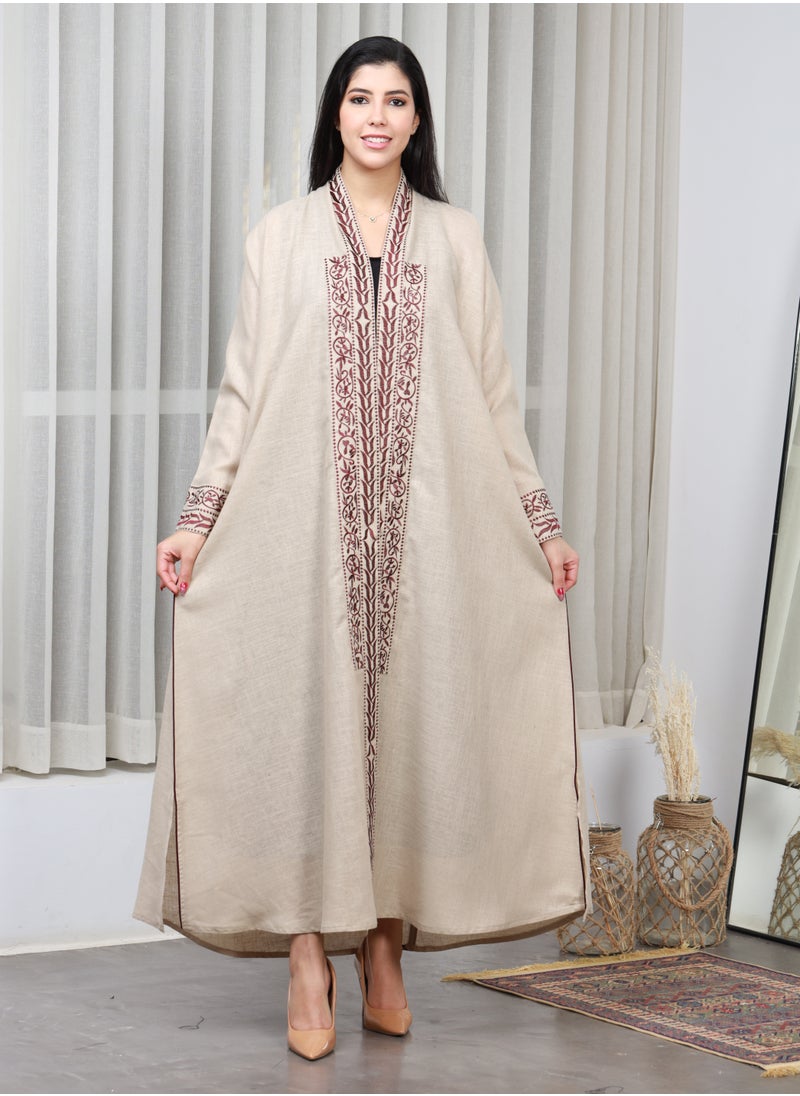 Beige abaya distinguished by brown thread embroidery on the sleeves, collar and cuffs - pzsku/Z930E3BA75E0B99EAC32AZ/45/_/1710106081/29cc6211-35e5-4399-b288-29da26bc4868