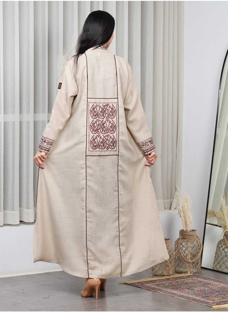 Beige abaya distinguished by brown thread embroidery on the sleeves, collar and cuffs - pzsku/Z930E3BA75E0B99EAC32AZ/45/_/1710106082/bcee5838-efe5-41ea-80c8-8027c1e67fb7