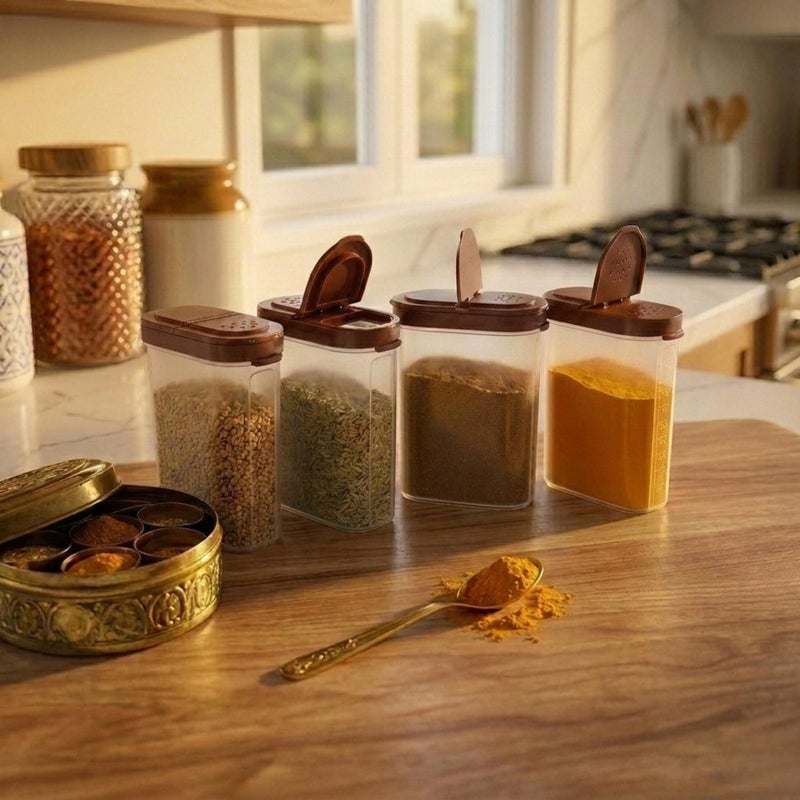 Mahaware Modular Spice Containers for Kitchen Storage Set of 4 (275ml Each) – Plastic Spices Container for Kitchen with Sprinkler Lids, Airtight Masala Box Set, Brown - Image 5