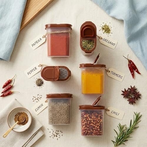 Mahaware Modular Spice Containers for Kitchen Storage Set of 4 (275ml Each) – Plastic Spices Container for Kitchen with Sprinkler Lids, Airtight Masala Box Set, Brown - Image 2