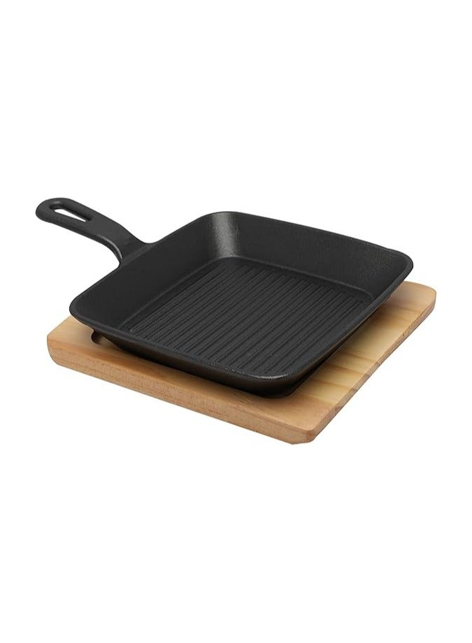 19.5cm Square Cast Iron Skillet With Side Handle And Wooden Base | Oven Safe Cast Iron Roasting Pan - Image 2