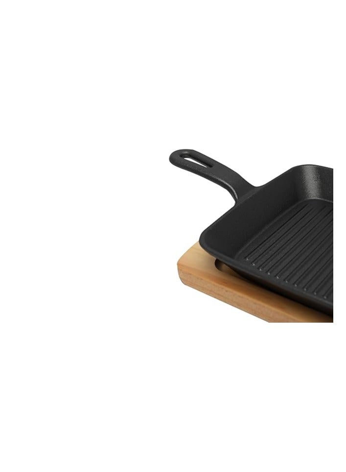 19.5cm Square Cast Iron Skillet With Side Handle And Wooden Base | Oven Safe Cast Iron Roasting Pan - Image 4