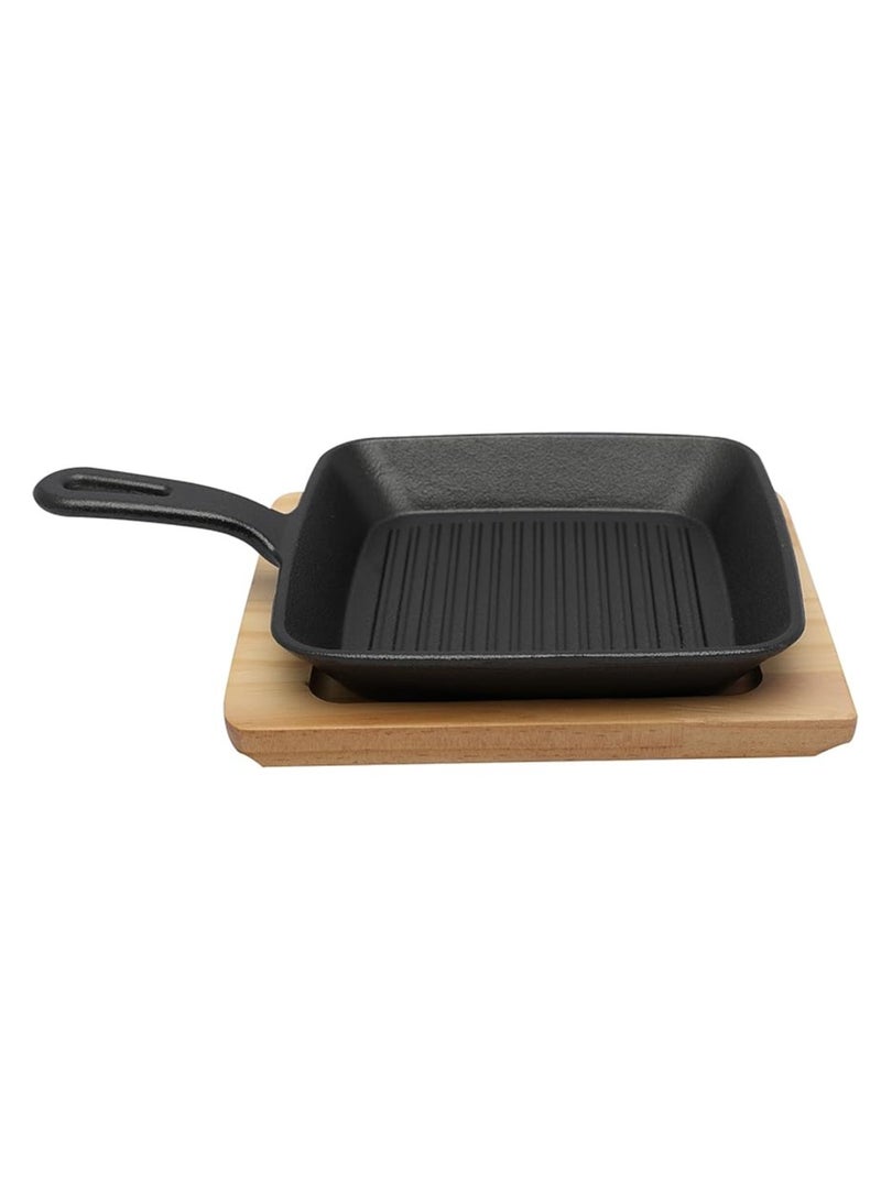 19.5cm Square Cast Iron Skillet With Side Handle And Wooden Base | Oven Safe Cast Iron Roasting Pan - Image 1