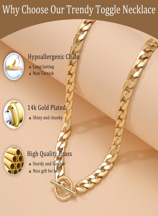 CHESKY 14K Gold Plated Chunky Necklace for Women, Trendy Paperclip Chain Necklace Thick Cross Heart Pendant Necklace Layered Herringbone Cuban Link Chain Toggle Necklaces Non Tarnish Jewelry, Brass - Image 3