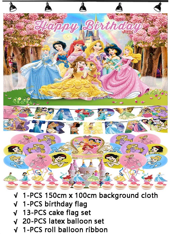 36-PCS Disney Princess theme set birthday party supplies including background cloth (size 150cmx100cm) - Image 1