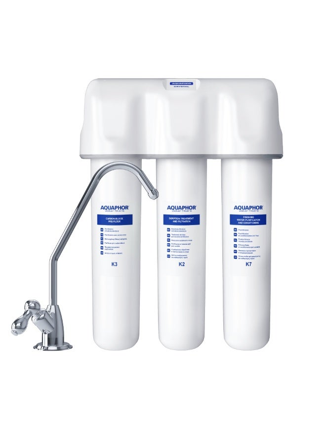 Crystal (A) Under-Counter Water Filter System, 8000L Capacity with 2.5L/Min Flow Rate, 3-Stage Carbon Block Filtration Removes Chlorine, Heavy Metals & Pesticides, Compact Design with Faucet, Easy Installation, Water Purifier for Home Use
