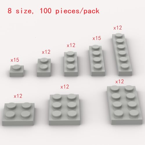 YUJHITP Classic Building Plate Assortment Pack 100Pcs Light Gray Bulk Plates with 8 Size Building Plate Base Plate Compatible with Lego Parts and Pieces Building Bricks for Most BrandsColorLight Gray - Image 5