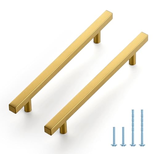 JOY DECOR 10 Pack 614 Inch Brushed Brass Square Cabinet Handles Stainless Steel Cabinet Hardware Pulls for Kitchen and Drawers with 81316 Inch Overall Length - Image 1