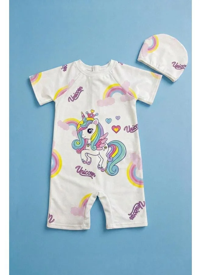 Perendi Unicorn-Printed Girl's Romper Swimsuit