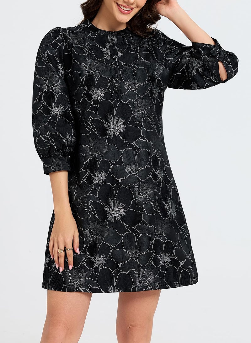 Ladyful Women's Floral Jacquard Shift Dress 2026 Long Puff Sleeve Button Up Elegant Cocktail Party Mini Dress - Image 5
