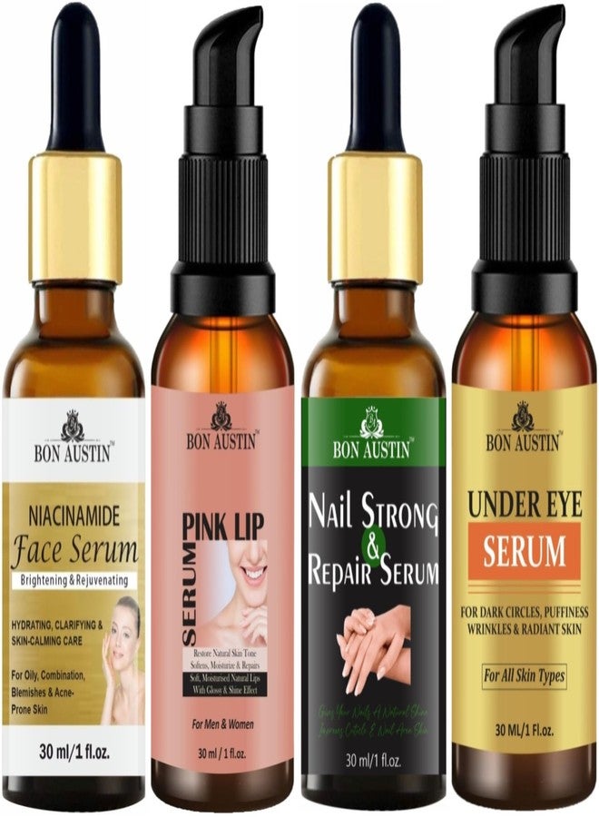 Bon Austin 100% Natural Niacinamide Brightening Face Serum, Pink Lip Serum, Nail Strong and Repair Serum & Under Eye Serum (Remove Dark Circle) Each, 30ml - Combo of 4 Items - Image 1
