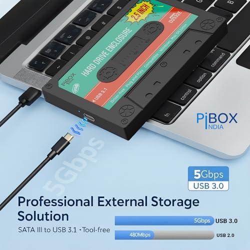 pibox India PiBOX 2.5 inch Hard Drive Enclosure Type c Retro Casette, PiBOX India 6Gbps USB 3.1 to SATA III Tool-Free External Hard Drive Enclosure for 7mm/9.5mm 2.5" SSD Laptop HDD with UASP - Image 4