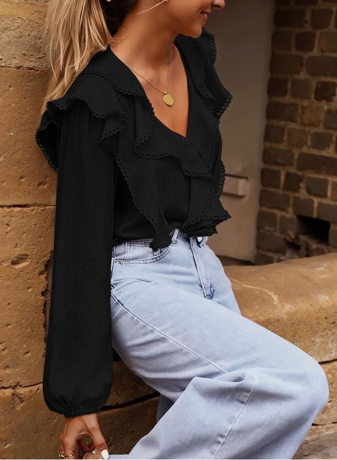 MEROKEETY Women's Fall Long Sleeve Ruffle Blouse Dressy Casual Top V Neck Trendy Business Work Shirts 2025, Black, L - Image 4