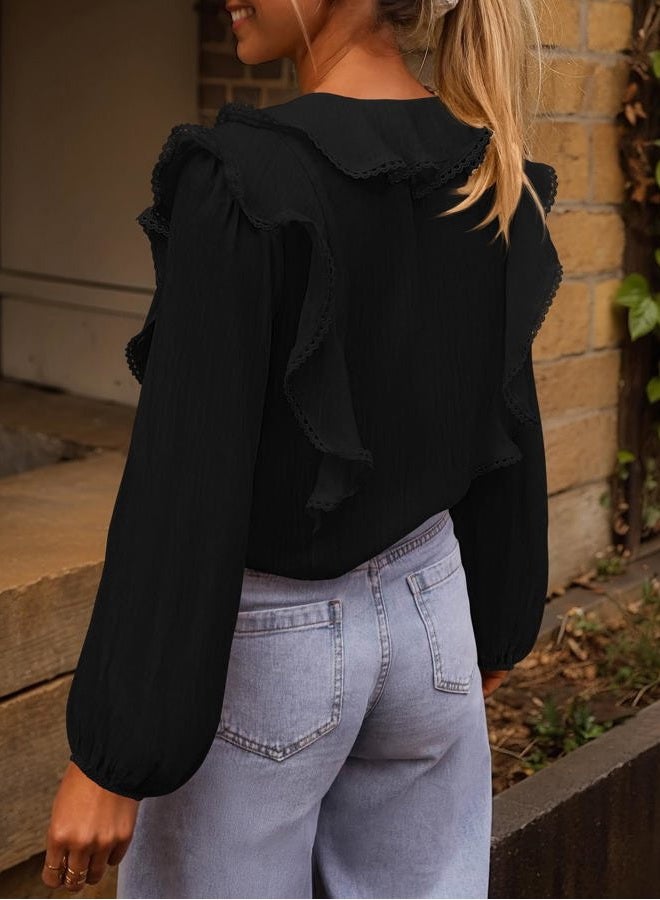 MEROKEETY Women's Fall Long Sleeve Ruffle Blouse Dressy Casual Top V Neck Trendy Business Work Shirts 2025, Black, L - Image 5