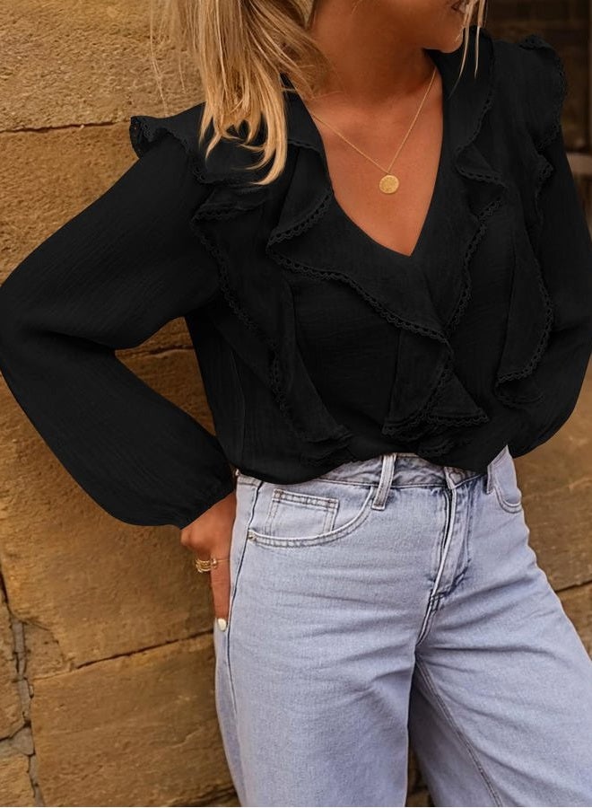 MEROKEETY Women's Fall Long Sleeve Ruffle Blouse Dressy Casual Top V Neck Trendy Business Work Shirts 2025, Black, L - Image 3