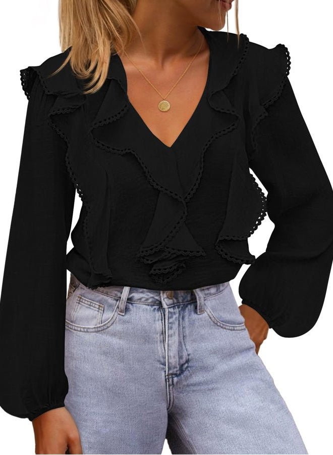 MEROKEETY Women's Fall Long Sleeve Ruffle Blouse Dressy Casual Top V Neck Trendy Business Work Shirts 2025, Black, L - Image 1