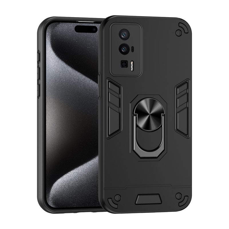 HuHa Protective Cover For Xiaomi Poco F5 Pro 5G Shockproof Metal Ring Holder Phone Case(Black) - Image 1