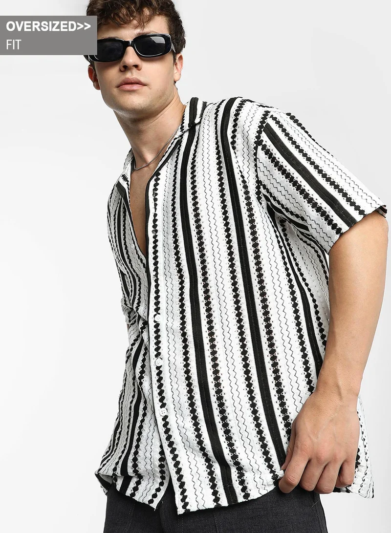Campus Sutra Men's Midnight Black & Ivory White Bohemian Knit Oversized Shirt
