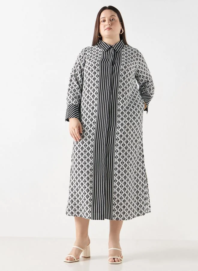 Ulla Popken Plus Size Ulla Popken Geometric Print Shirt Dress with Long Sleeves