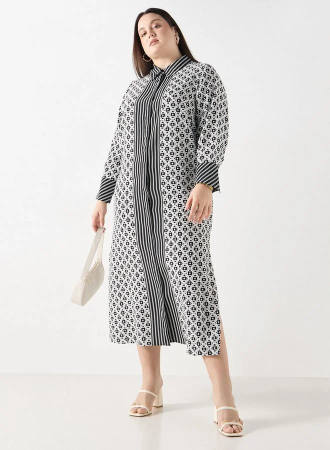 Ulla Popken Plus Size Ulla Popken Geometric Print Shirt Dress with Long Sleeves