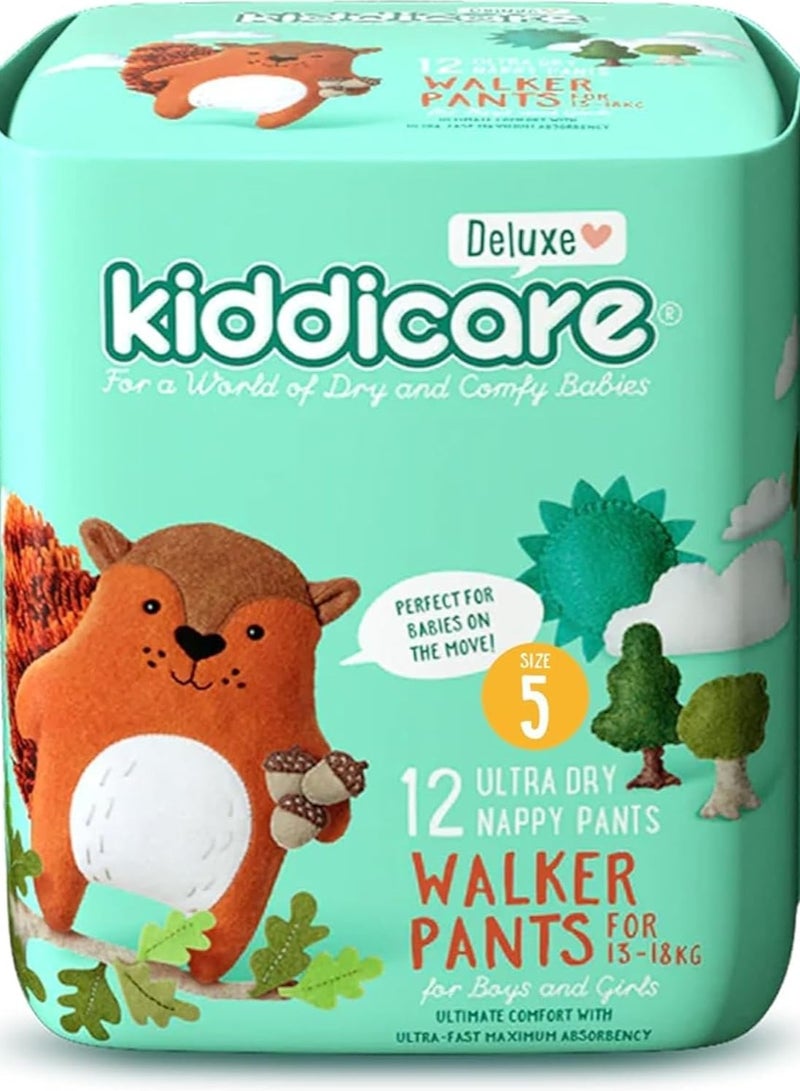 Kiddicare Deluxe Walker Diaper Nappy Pant, Size 5, 12 Count, Leakage Protection, 13-18 kg, Anti Rash, 12 Hours Absorption, with Stretchy Sides for Better Fit, Soft, Ultra Fast High Absorb (Pack of 1)