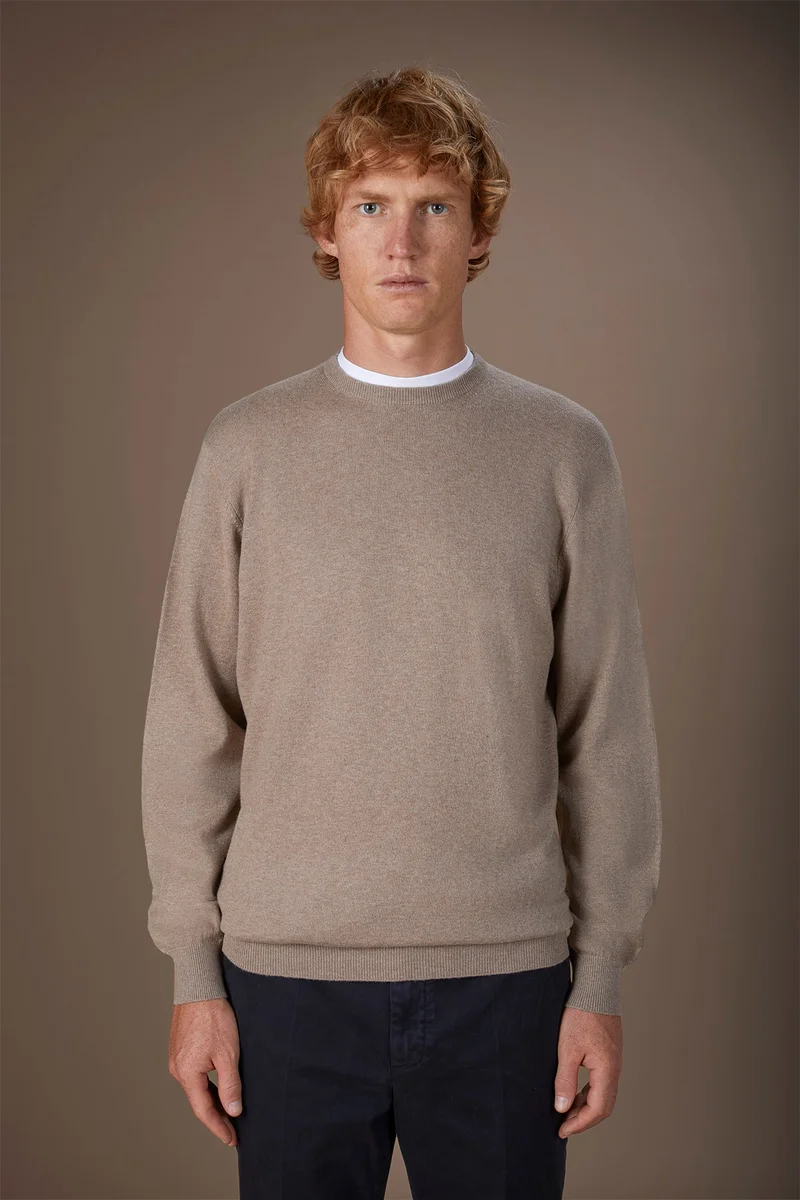 دوبل غانغر Men's regular fit crew neck jumper in wool and cotton - Beige