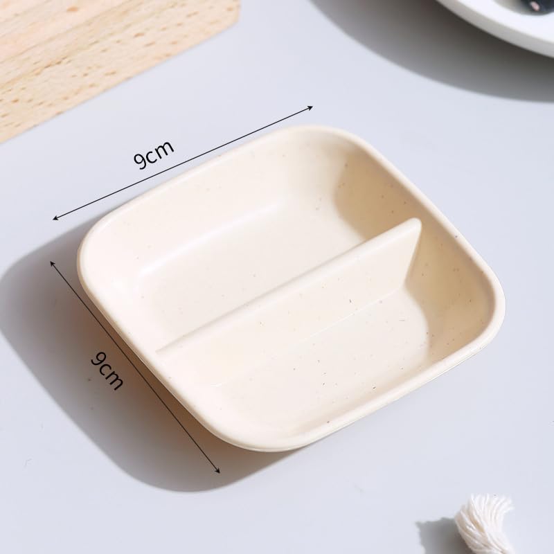RoarCraft 6 Pcs Dual Dipping Sauce Bowls Melamine Soy Sauce Dish Two Compartments Party Trays Divided Fondue Plate Appetizer Plates for Restaurant Kitchen Sushi Soy Sauce (Set of 6, Beige) - Image 2