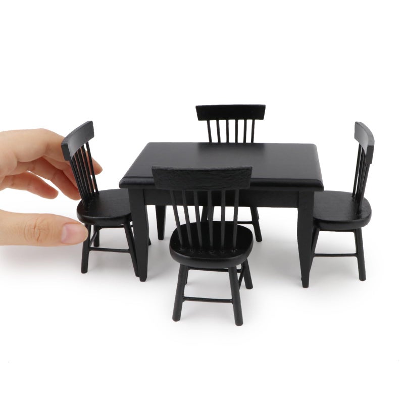 Cutemini Miniature Dining Table Chair Set for Dollhouse 1 12 Scale Wooden Furniture Model 5pcs House Mini Decoration Accessories DIY Hobby Gift Black - Image 3