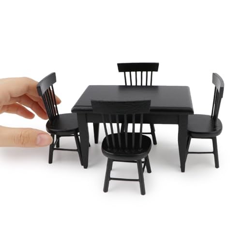 Cutemini Miniature Dining Table Chair Set for Dollhouse 1 12 Scale Wooden Furniture Model 5pcs House Mini Decoration Accessories DIY Hobby Gift Black - Image 1