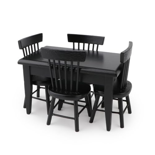 Cutemini Miniature Dining Table Chair Set for Dollhouse 1 12 Scale Wooden Furniture Model 5pcs House Mini Decoration Accessories DIY Hobby Gift Black - Image 5