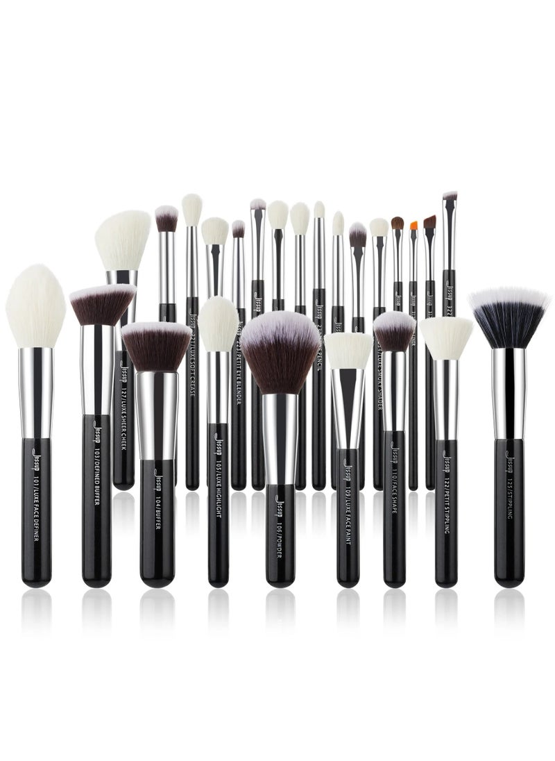 Jessup Jessup 25Pcs Professional Makeup Brush Set Foundation Powder Concealer Eyeshadow Blending Blush Highlighter Natural-Synthetic Hair Brushes (Black/Silver) T175  - Image 1