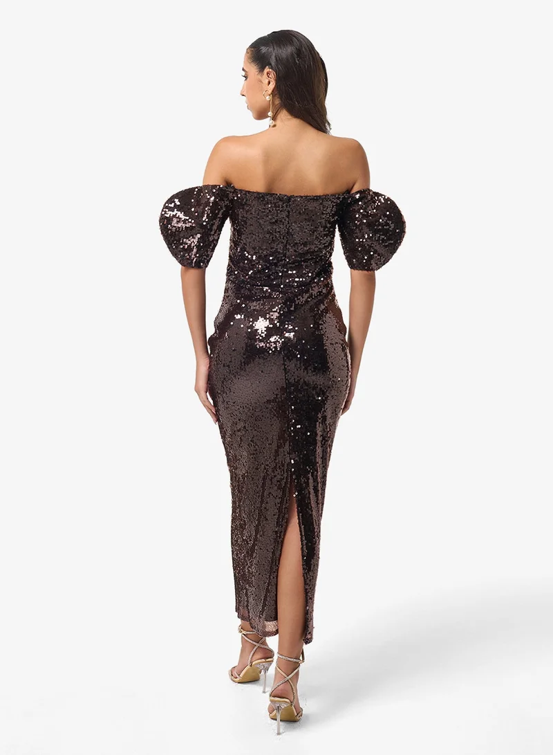 Threadz by Ajooni  Puff Sleeve Sweetheart Neck Midi Dress for Women | Best Price UAE