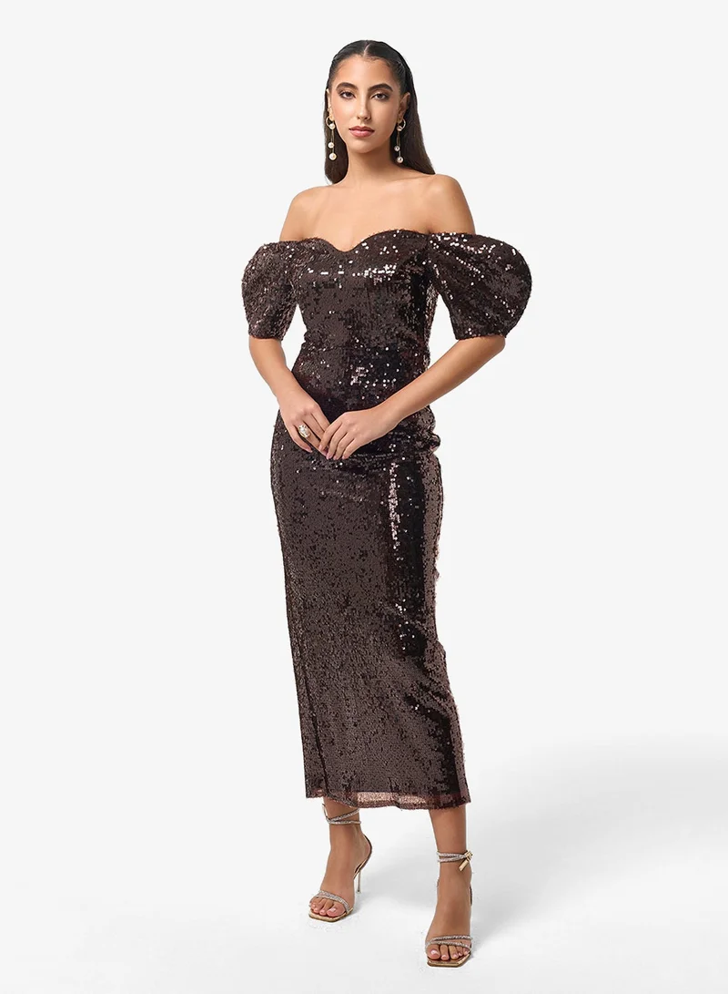 Threadz by Ajooni  Puff Sleeve Sweetheart Neck Midi Dress for Women | Best Price UAE