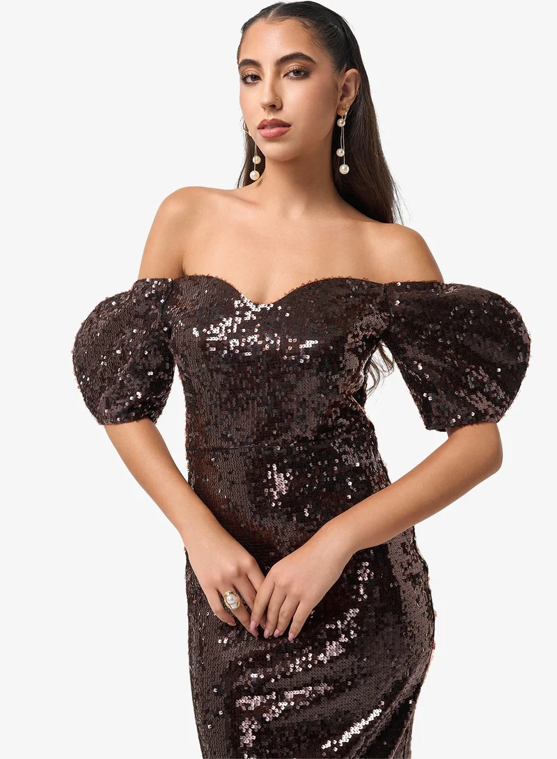 Threadz by Ajooni Puff Sleeve Sweetheart Neck Midi Dress