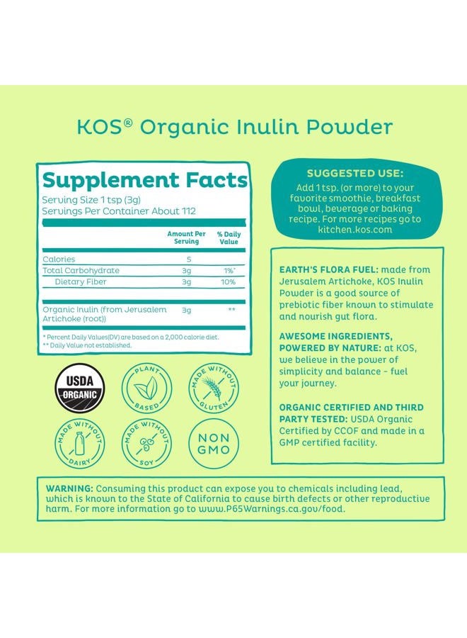KOS Organic Inulin Powder, Unflavored & Unsweetened Superfood - Vegan Inulin for Prebiotic Intestinal Support, Digestive Health Promoting - USDA Certified, Non-GMO, Soy & Gluten-Free, 112 Servings Bag - Image 4