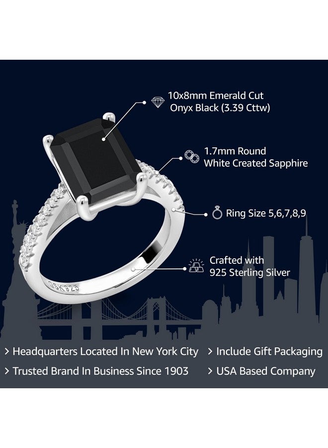 GEM STONE KING خاتم خطوبة وزفاف للنساء من الفضة الإسترلينية 925 مع أونيكس أسود وزفير أبيض مصنّع (3.39 قيراط وزن الأحجار الكريمة بحجم 10X8 مم بقصة الزمرد متوفر بمقاسات 5 6 7 8 9) - Image 2