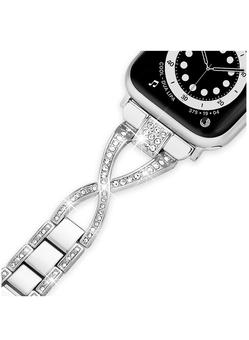 Compatible with Apple Watch Band 38mm 40mm 41mm, Lightweight for Women, Easy Adjustable Bracelet, Bling Shiny Diamond Both Sides, Jewelry Metal Strap iWatch Series 8 7 6 5 4 3 2 1 SE(Silver) - Image 3