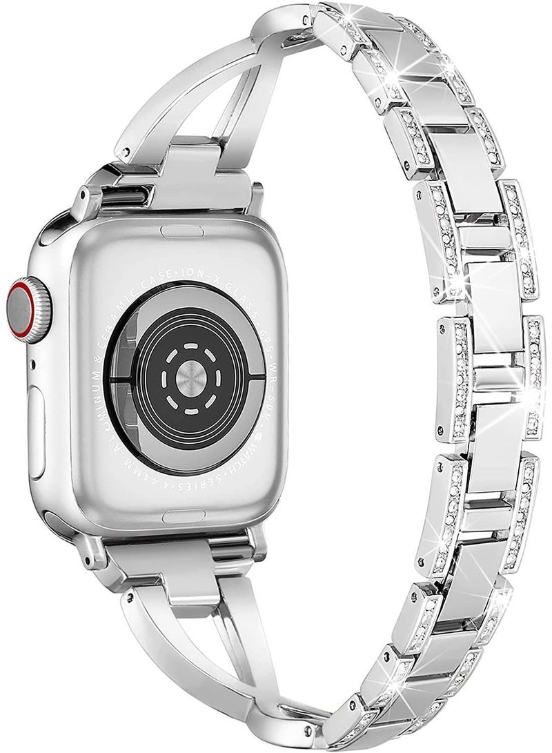 Compatible with Apple Watch Band 38mm 40mm 41mm, Lightweight for Women, Easy Adjustable Bracelet, Bling Shiny Diamond Both Sides, Jewelry Metal Strap iWatch Series 8 7 6 5 4 3 2 1 SE(Silver) - Image 2