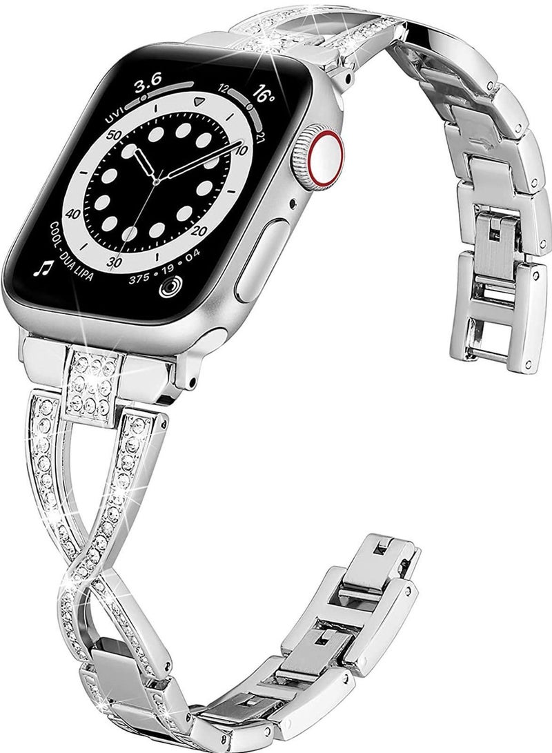 Compatible with Apple Watch Band 38mm 40mm 41mm, Lightweight for Women, Easy Adjustable Bracelet, Bling Shiny Diamond Both Sides, Jewelry Metal Strap iWatch Series 8 7 6 5 4 3 2 1 SE(Silver) - Image 1