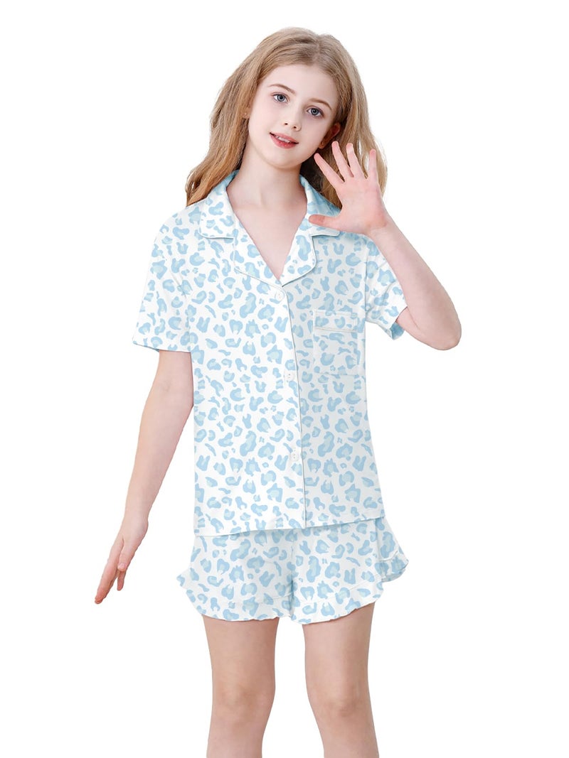 Schbbbta Pajamas for Girls Ruffle Button Up Sleepwear 2 Piece Pjs Set Soft Loungewear Nightwear, Blue Leopard, 9-10 Years - Image 5