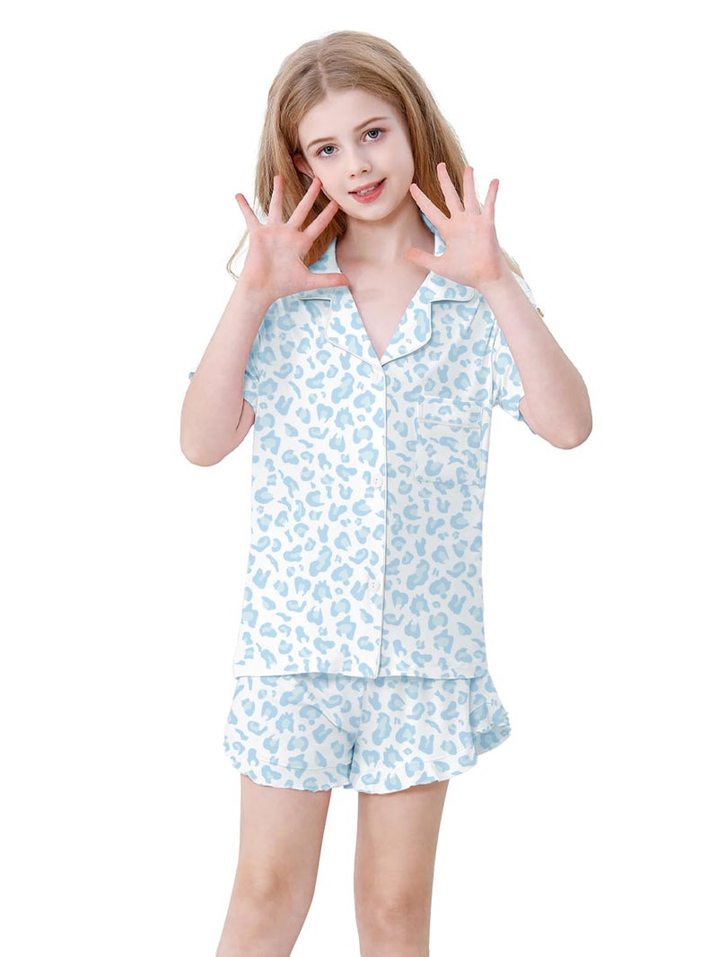 Schbbbta Pajamas for Girls Ruffle Button Up Sleepwear 2 Piece Pjs Set Soft Loungewear Nightwear, Blue Leopard, 9-10 Years - Image 3